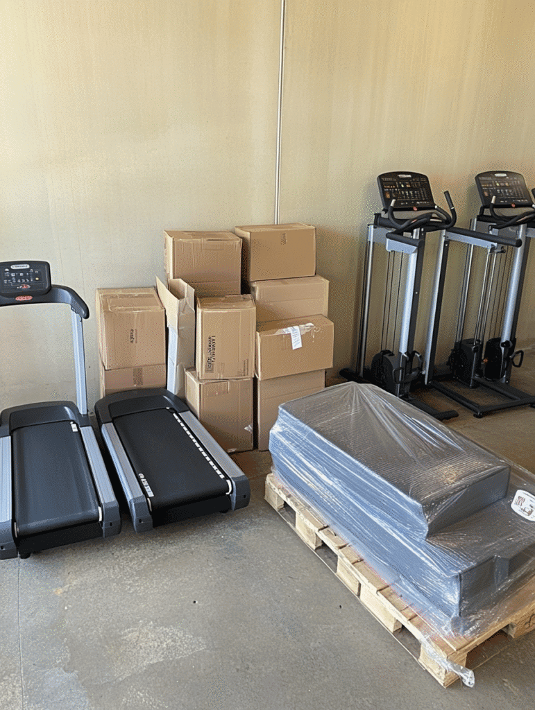 Movers carefully handling heavy gym equipment