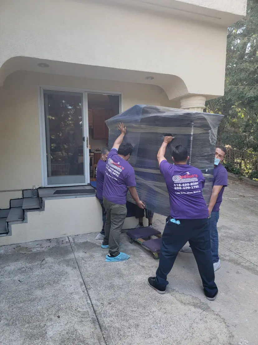 Two movers in purple shirts carrying wrapped furniture up the front steps of a building