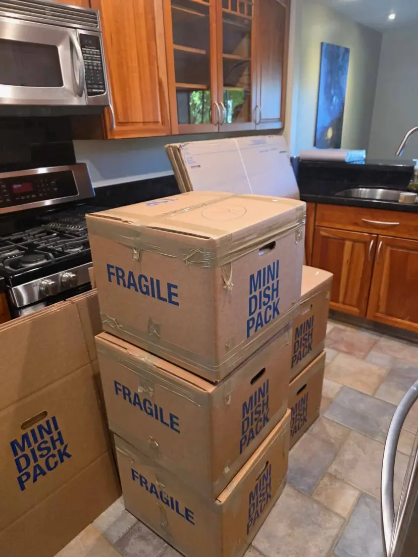 Professional movers handling large kitchen appliances